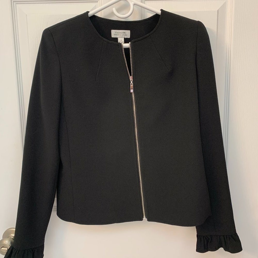 Tahari Black Zip Front Ruffle Sleeve Jacket (Size 4)